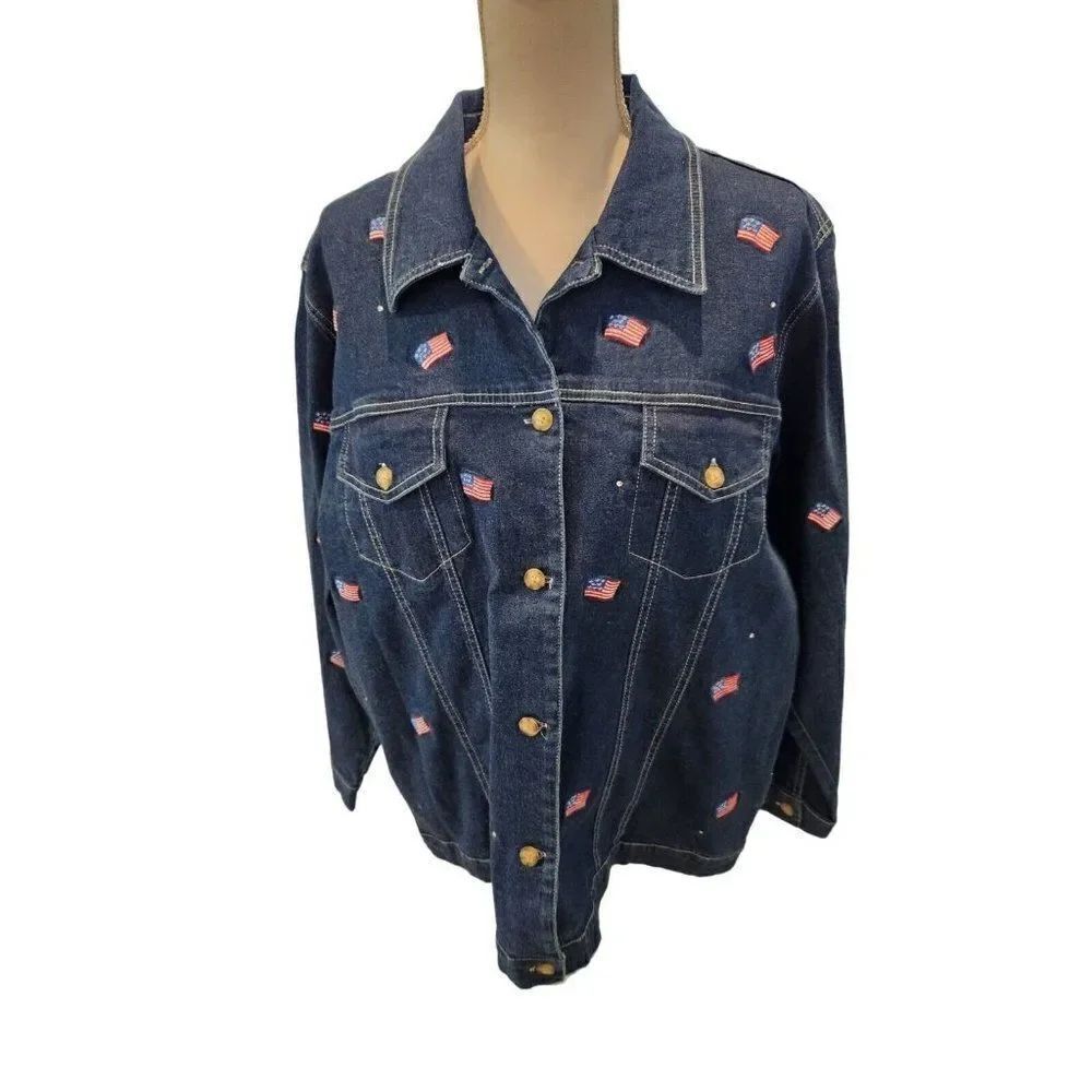 Vintage 90s Quacker Factory Navy Blue Demin Jacket USA Flag L American Patriotic